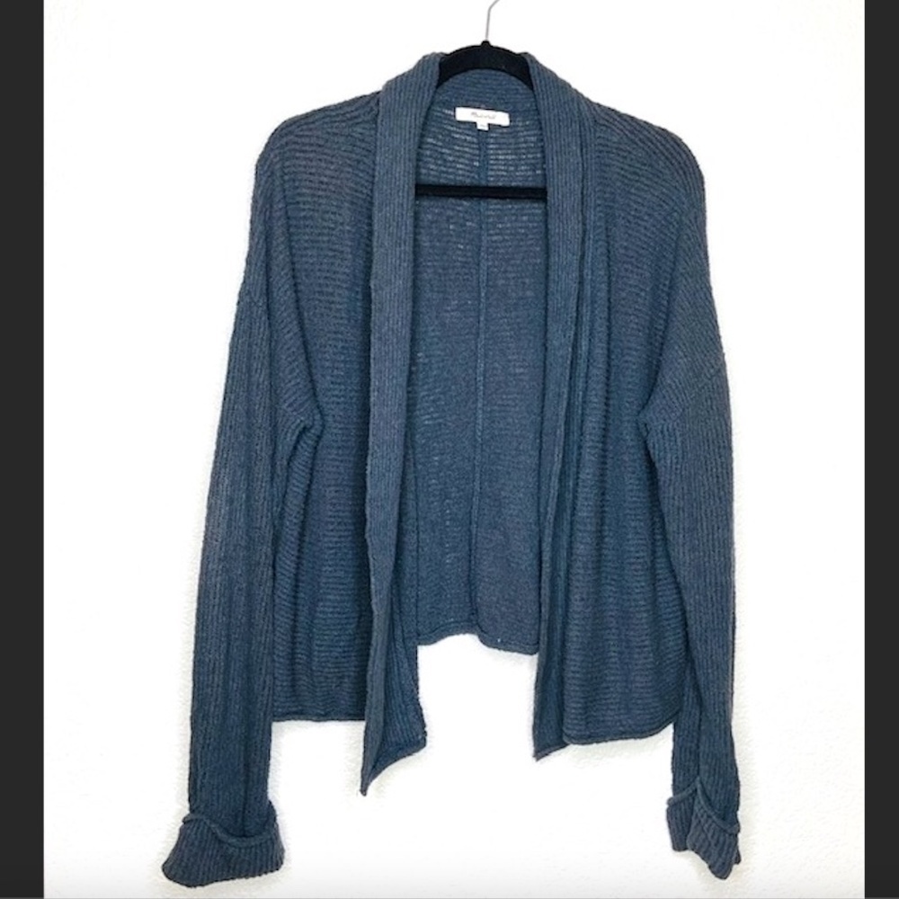 MADEWELL Blue Soft Ribbed Knit Open Cardigan Roll Sleeve Sweater Size Large